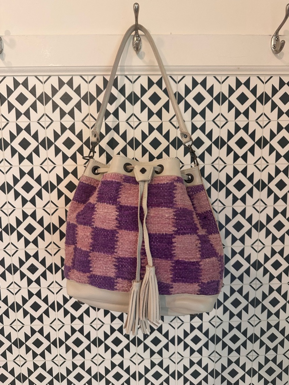 Woven Checker Bucket Bag in Lavender and Light Pink